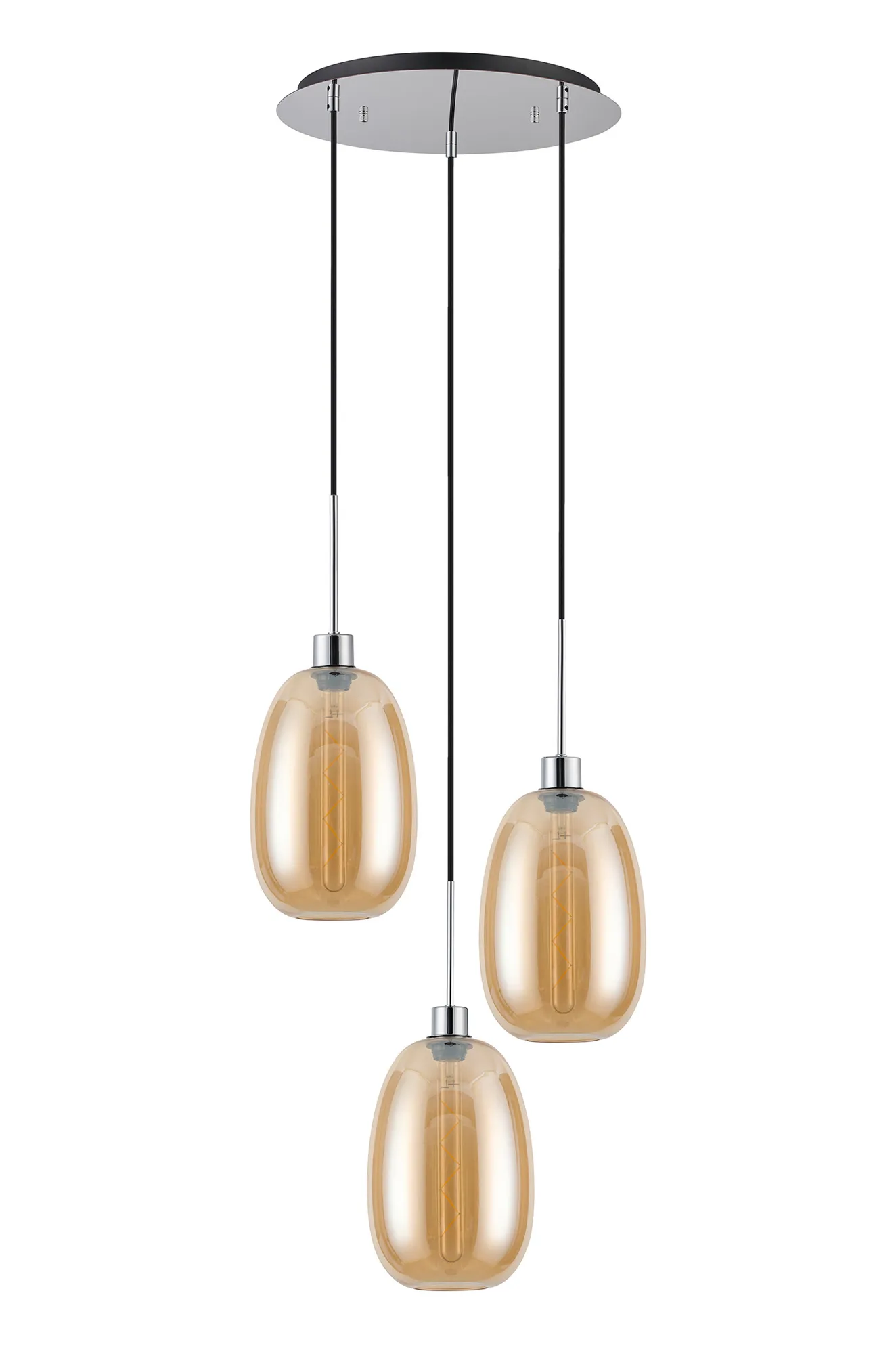 Lori 40cm Round Pendant, 3 Light Adjustable E27, Polished Chrome/Amber Slim Curved Trapezium Shades DK1267  Deco Lori Polished Chrome